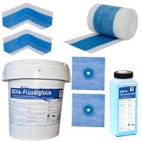Dichtset "bluetec" 5m Dichtband + 9 kg Flüssigfolie + 1kg Tiefengrund+ 2 Innenecken + 2 Manschetten Dichtset "bluetec" 5m Dichtband + 9 kg Flüssigfolie + 1kg Tiefengrund+ 2 Innenecken + 2 Manschetten